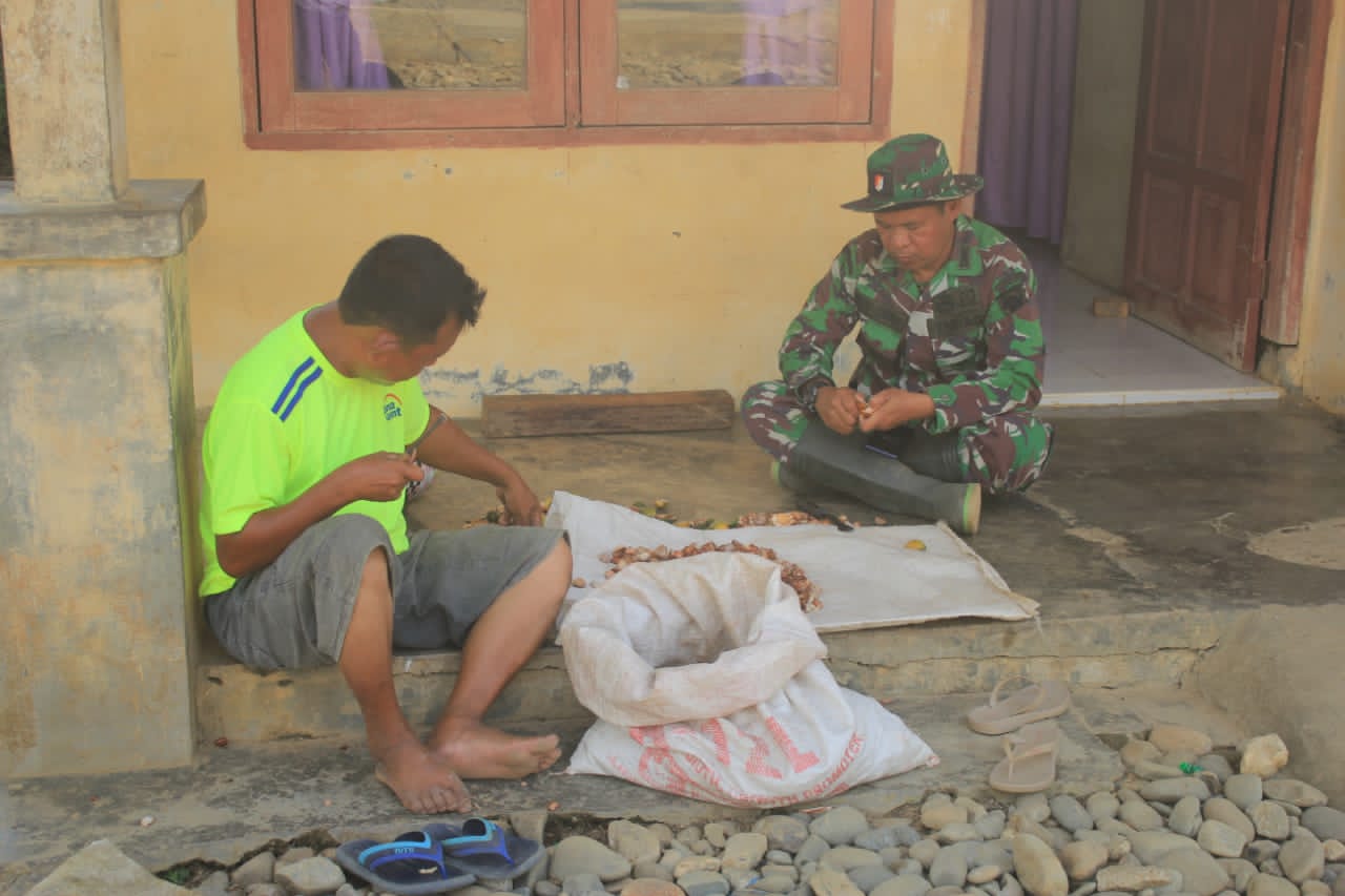 Kapten Inf Amri Umari Bantu Warga Mengupas Pinang di Tengah Kesibukan Pra TMMD Kodim Aceh Selatan